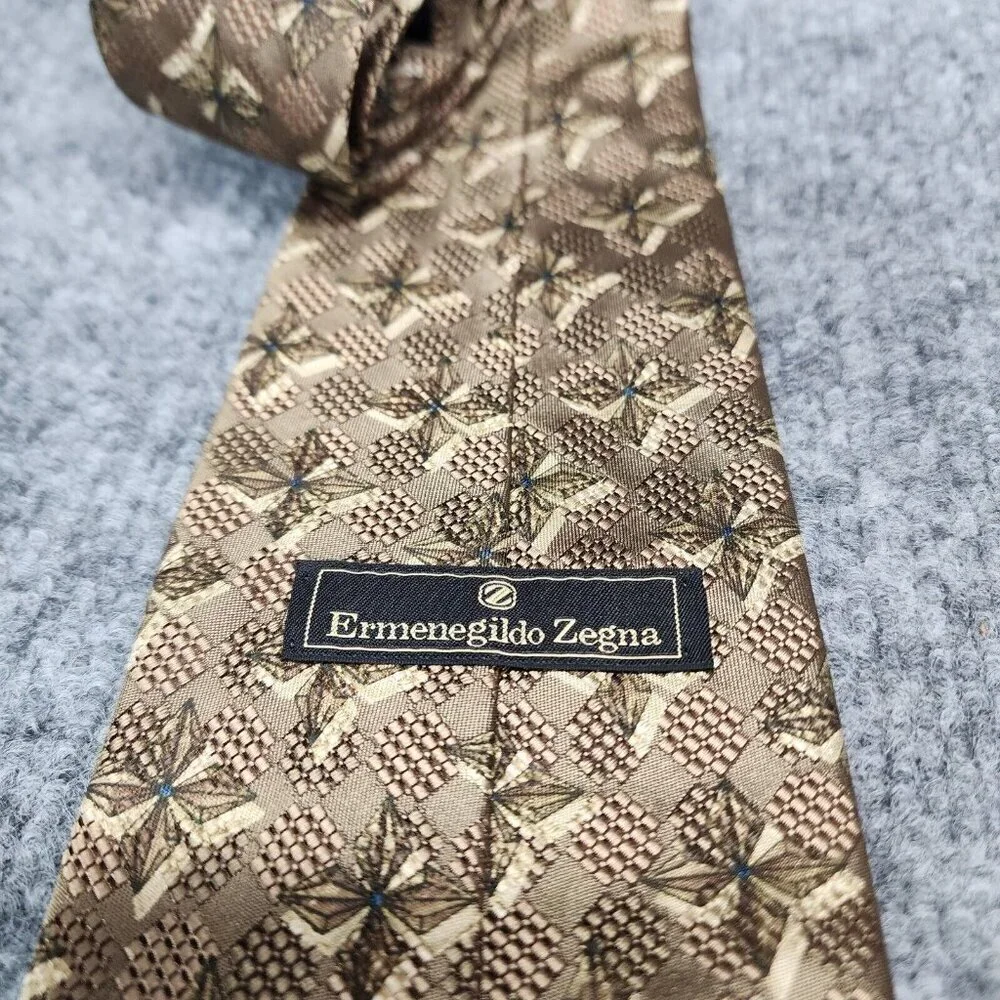Ermenegildo Zegna Italy Silk Tie‎ Woven Silk Necktie Luxury Brown Gold $395